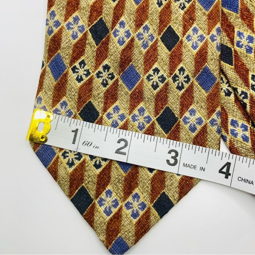 Ermenegildo Zegna gold orange and blue vintage geometric print silk tie. - Picture 2 of 4